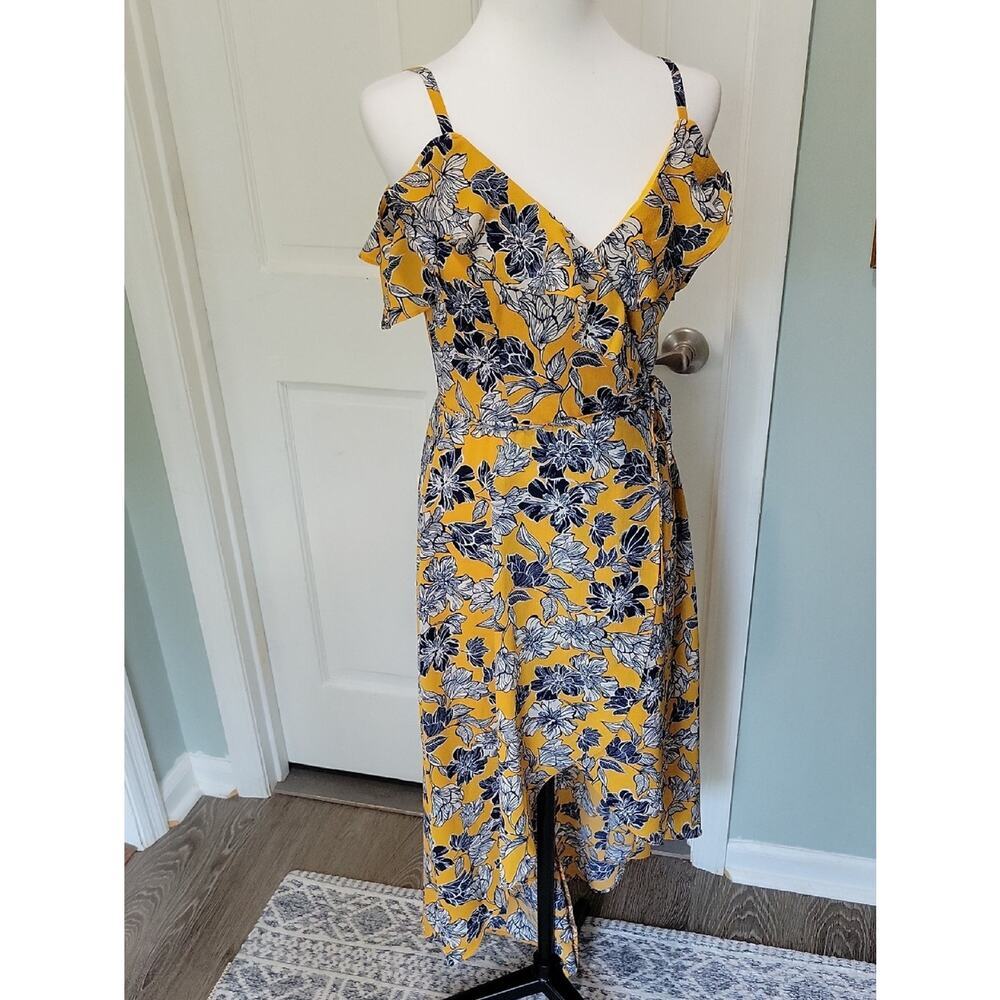 Iz Byer Mustard Yellow Navy Blue Floral High-Low Ruffle Sundress Size S, Summer